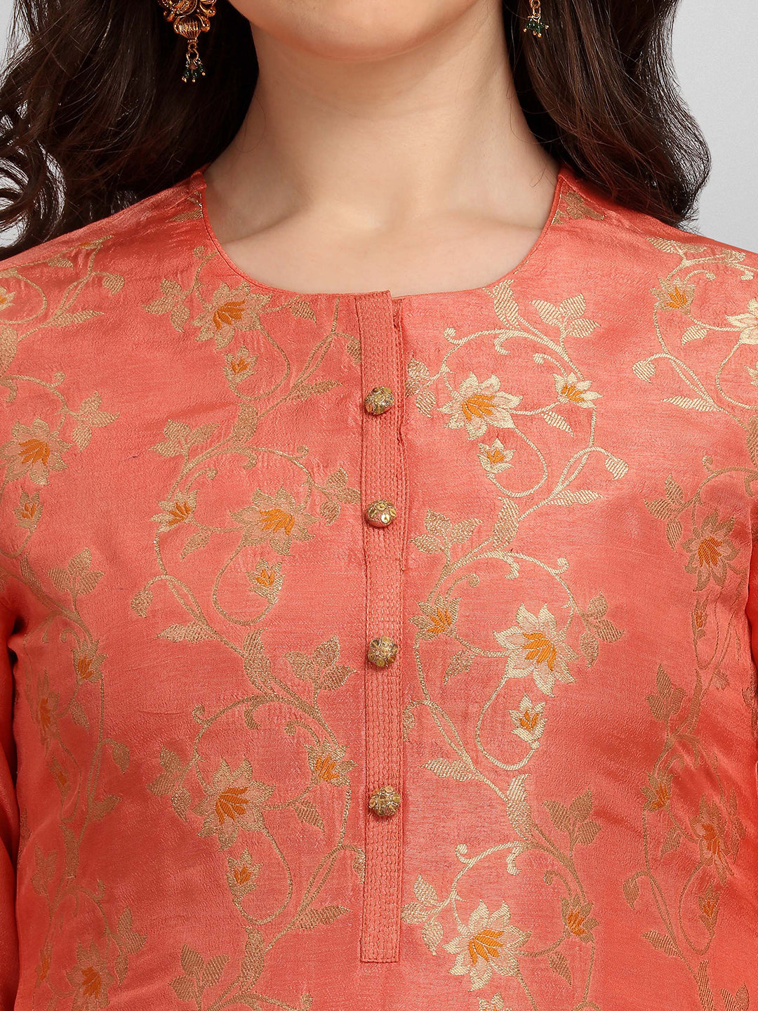 Orange Meena Jacquard Kurta Suit Set by Qivii