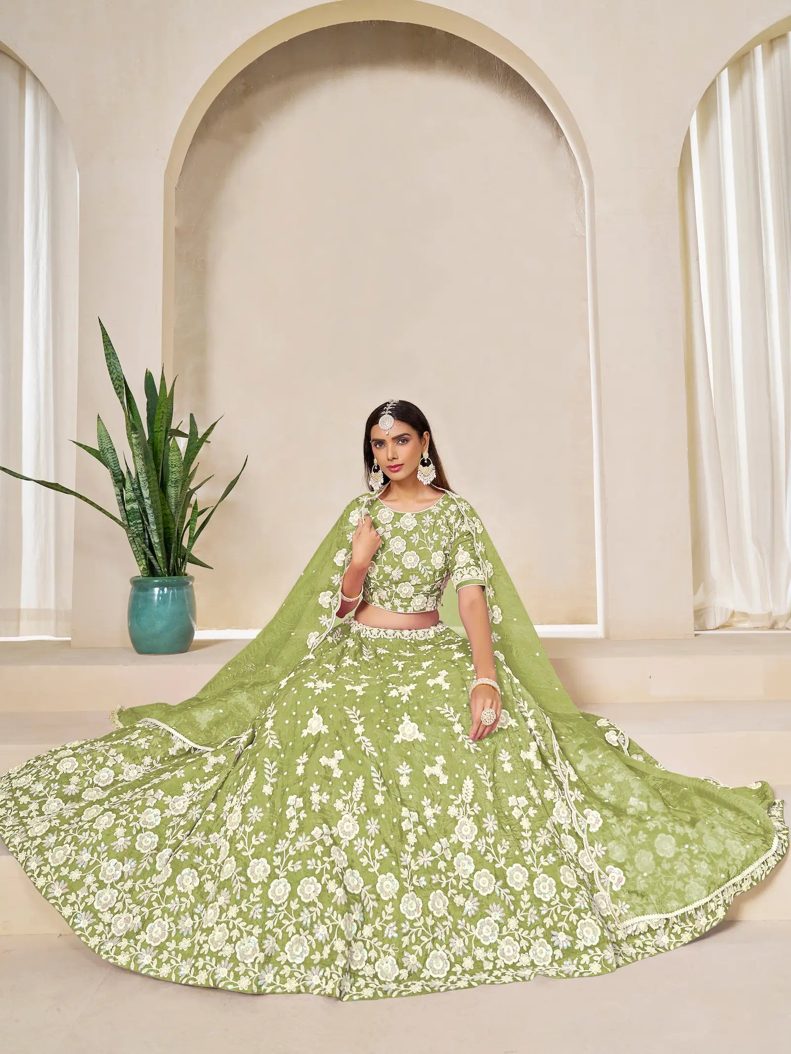 Tan Green Gold Crush Embroidery Lehenga Choli - qivii