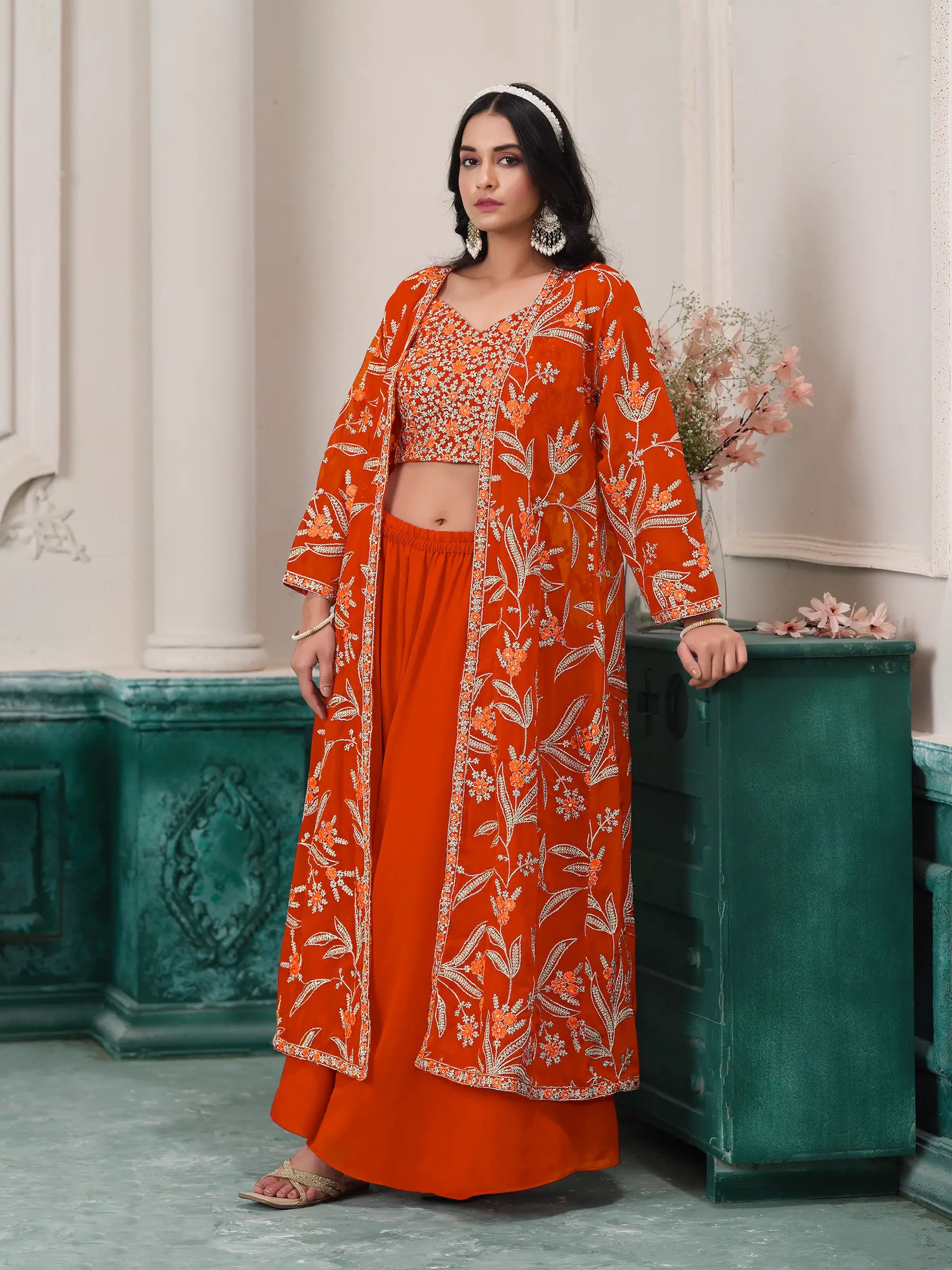 Orange Georgette Indo Western Set With Thread & Sequins Embroidery Work - qivii