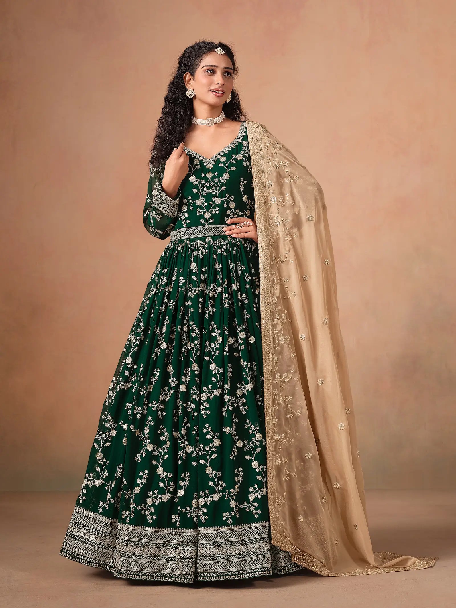 Green Georgette Embroidery Gown With Organza Dupatta - qivii