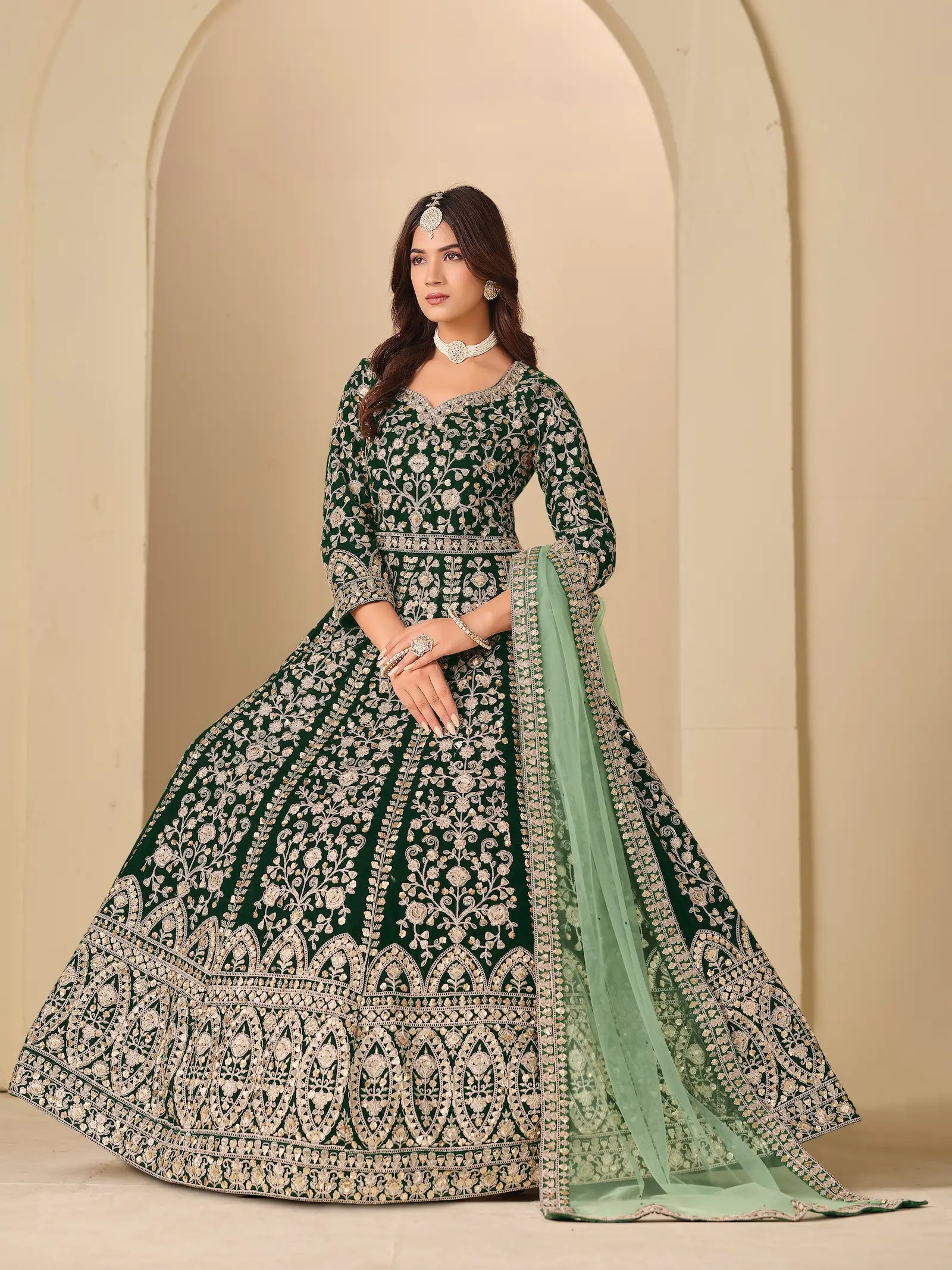 Emerald Green Velvet Heavy Embroidered Gown