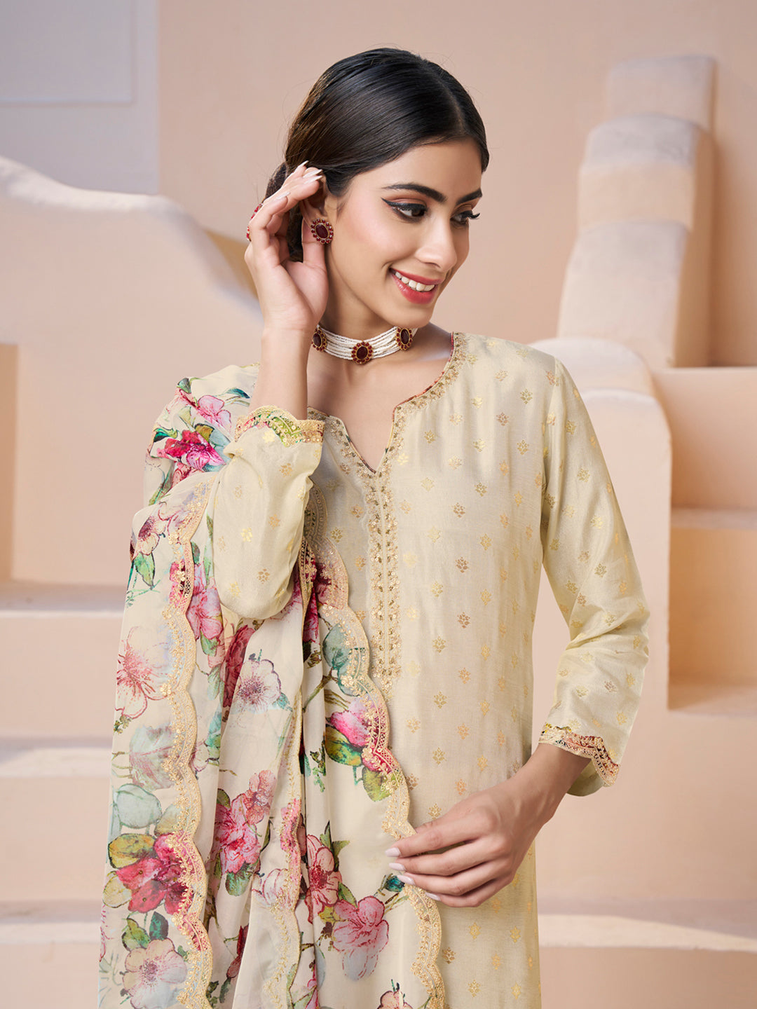 Cream Applique Jacquard Kurta with Floral Print Dupatta by Qivii