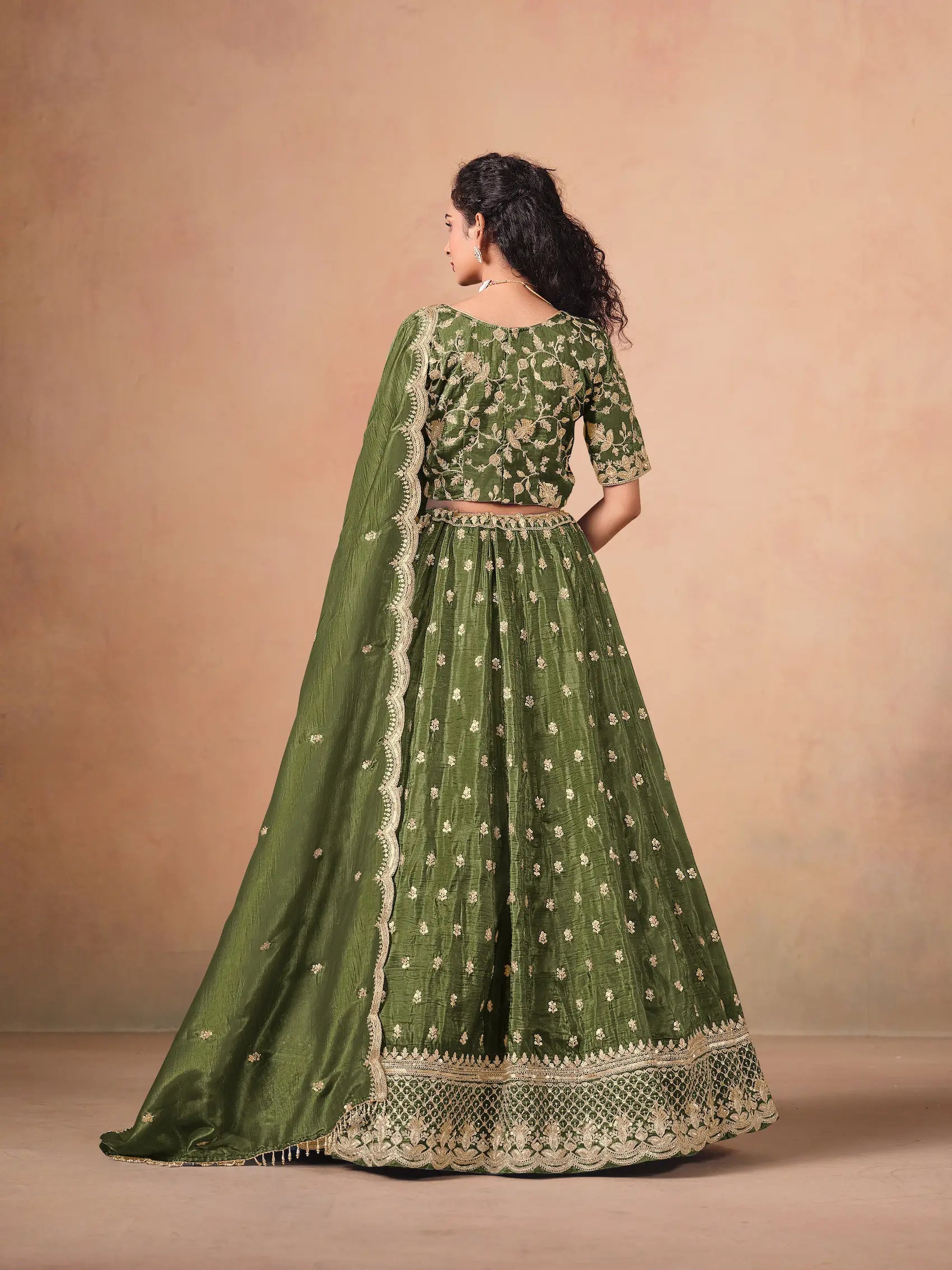 Army Green Organza Embroidery Work Lehenga Choli - qivii