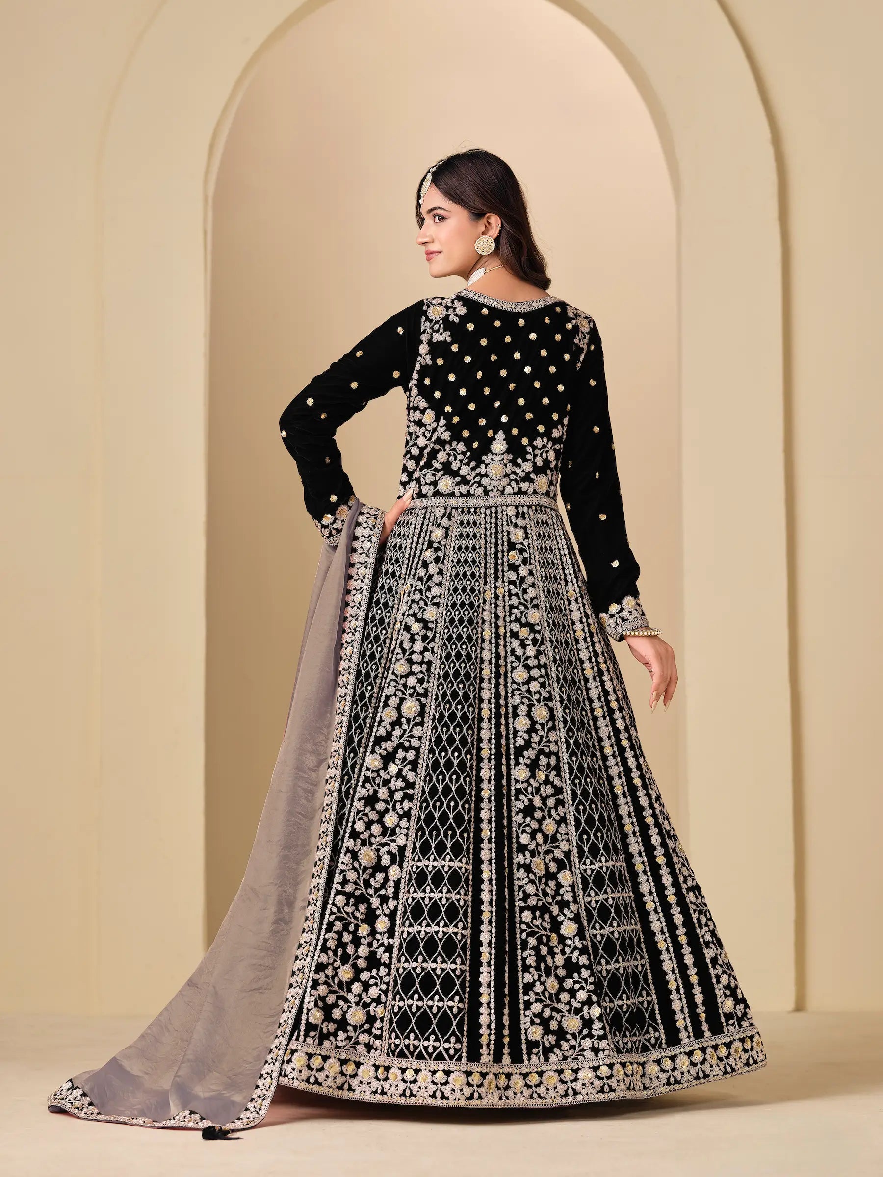 Jet Black Velvet Heavy Embroidered Gown