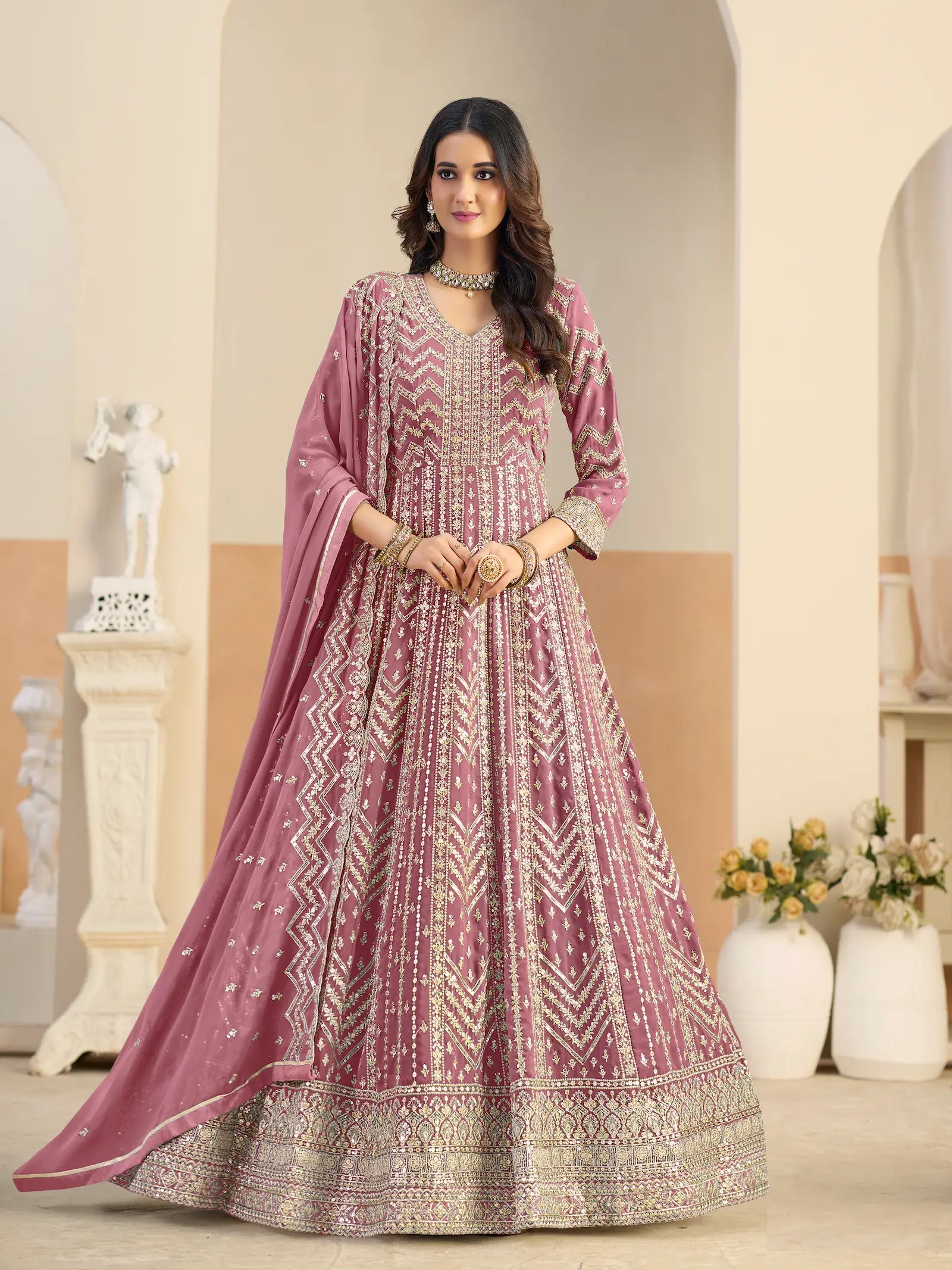 Pastel Pink Georgette Embroidery Gown