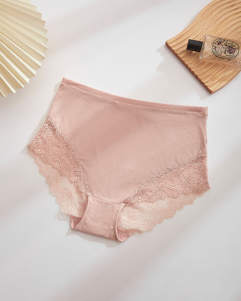 Women's Sexy Semi Sheer Mid-Waist Lace Stitching Breathable Briefs  - By Qivii