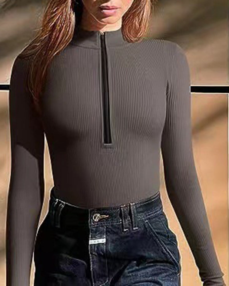 Zipper Front Long Sleeve Sexy Ribbed Triangle Bodysuit  - By Qivii