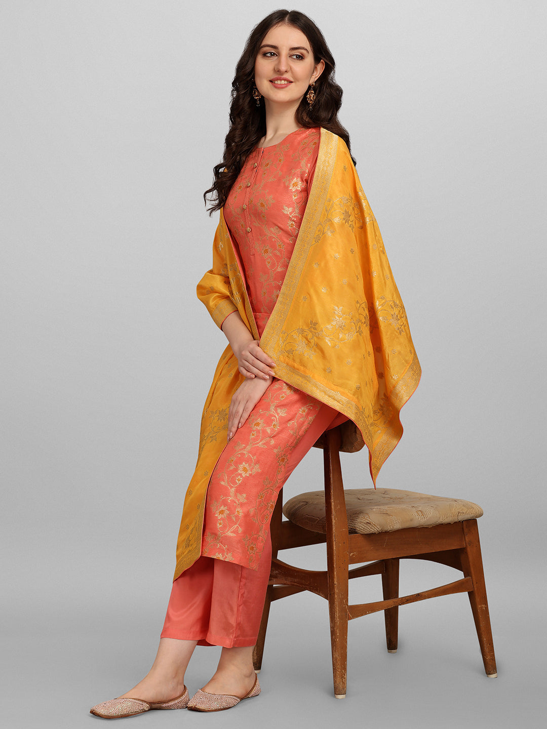 Orange Meena Jacquard Kurta Suit Set by Qivii