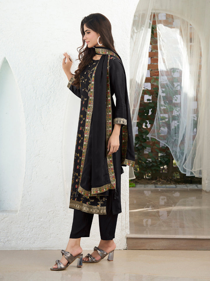 Black Meena Jacquard Kurta Suit Set by Qivii