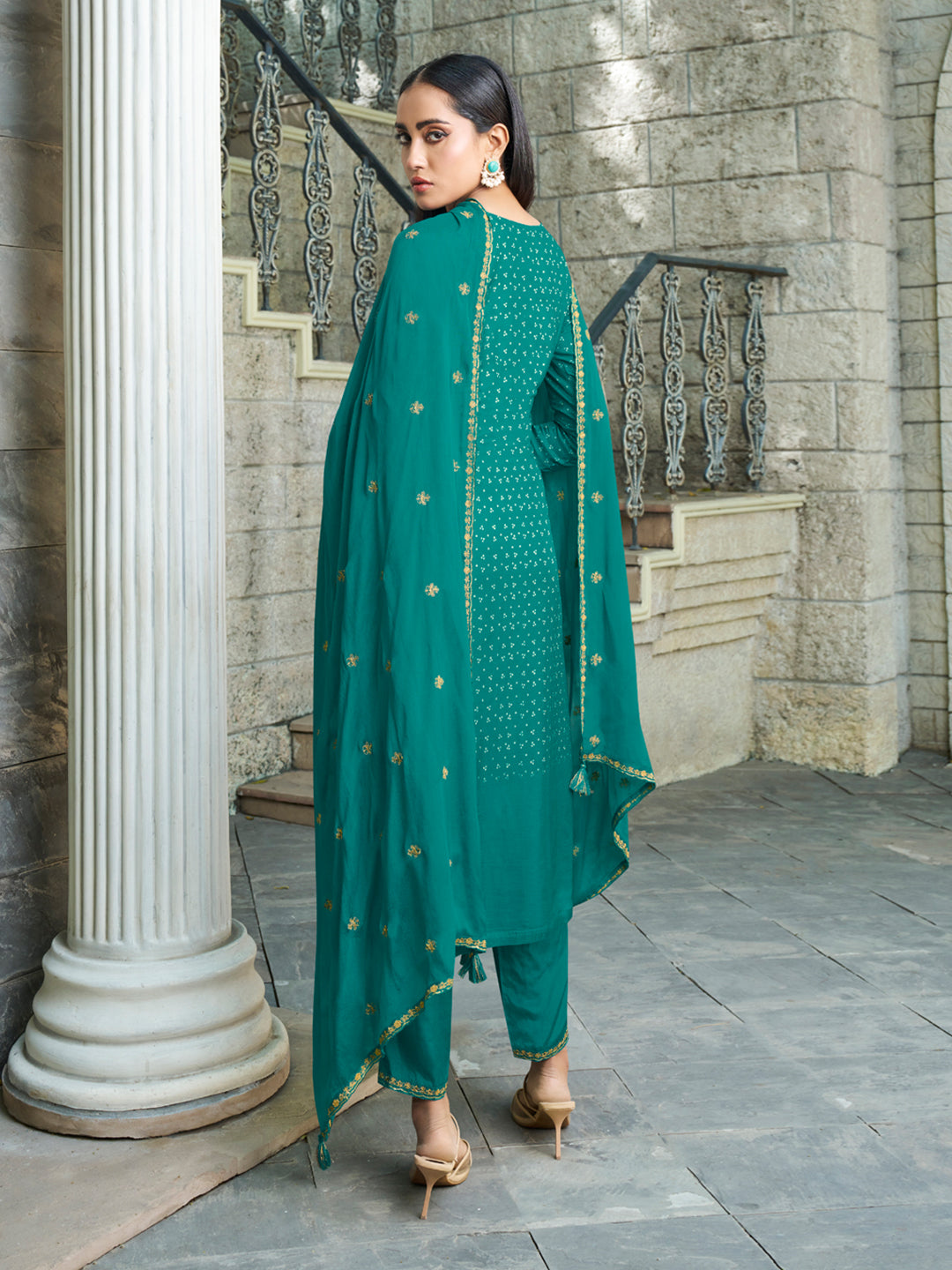 Digital Bandhni Printed Kurta with Trouser & Scalloped Dupatta by Qivii