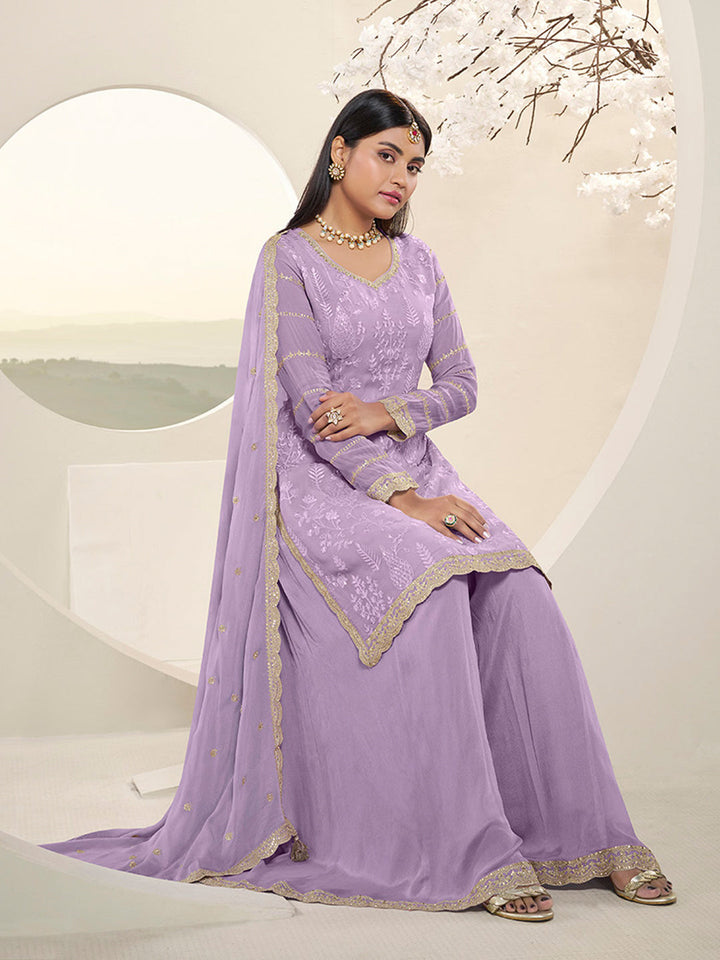 Lavender Floral Pattern, Thread with Sequins & Zari Embroidered Sharara Suit Set by Qivii