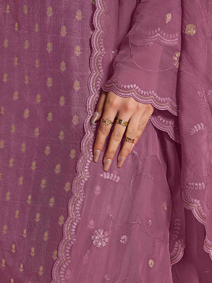 Light plum Dola Jacquard Kurta Suit Set with Embroidered with Thread and Sequins Work by Qivii