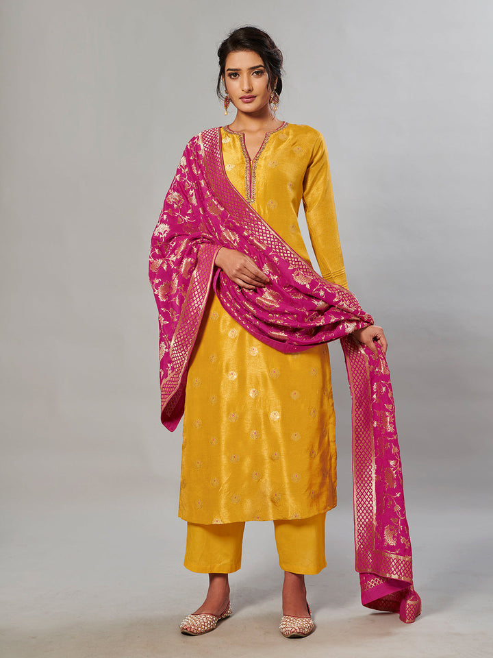 Mustard Zari Jacquard Contrast Dupatta Kurta Suit Set by Qivii