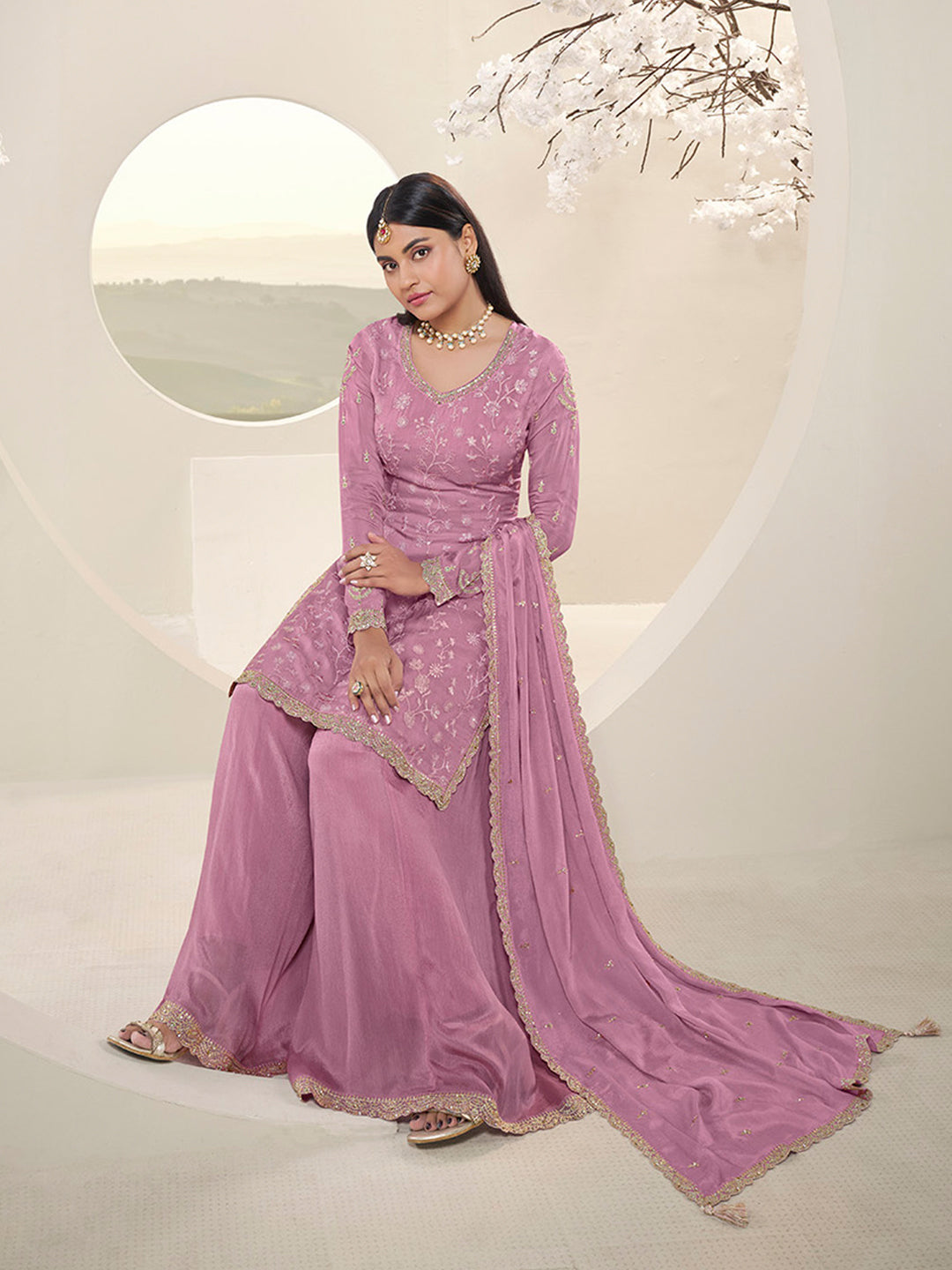 Pink Floral Pattern, Thread with Sequins & Zari Embroidered Sharara Suit Set by Qivii