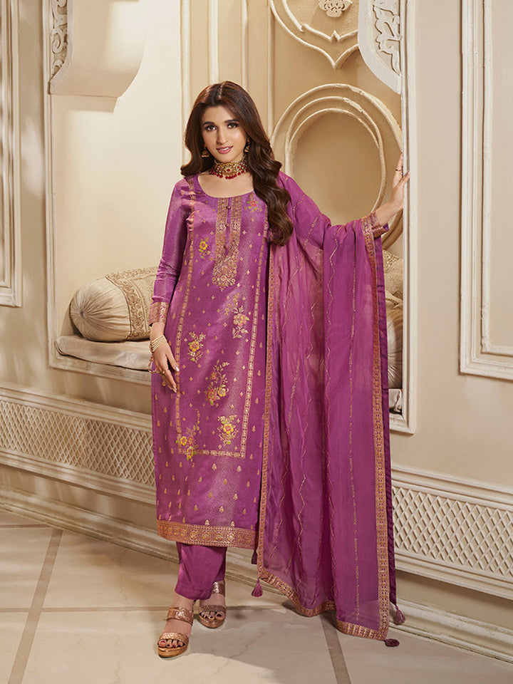 Pink Tissue Silk Meena Jacquard Designer Panel Work Kurta Suit Set by Qivii