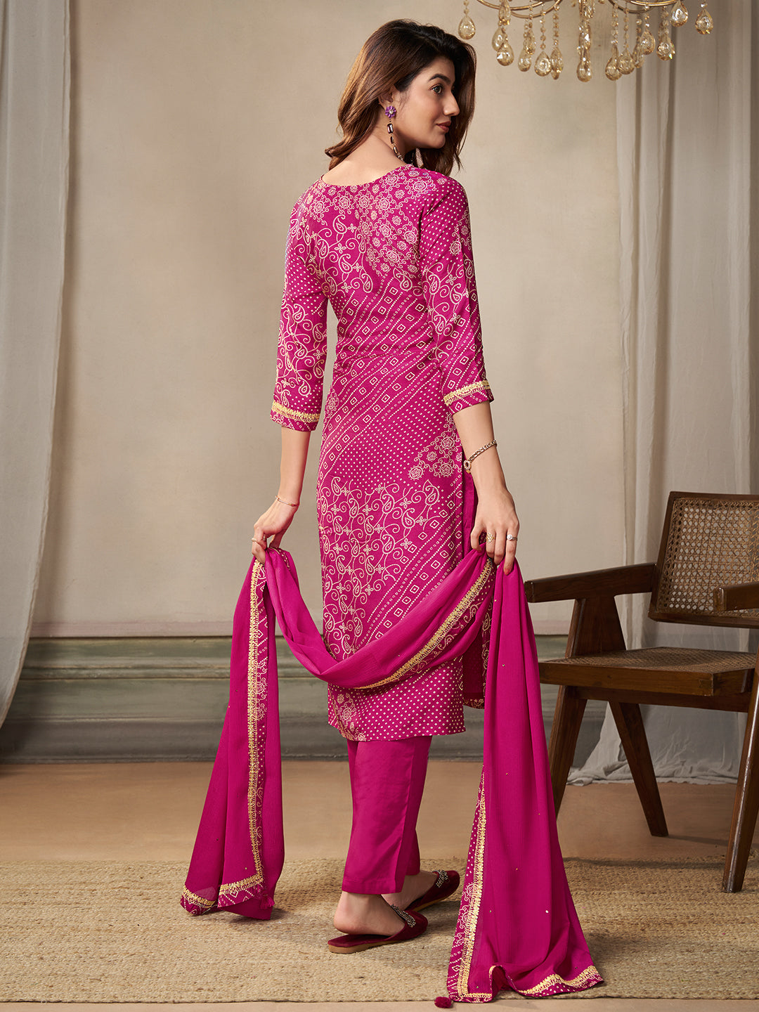 Pink Dola Bandhni Printed with Embroidery Kurta Suit Set