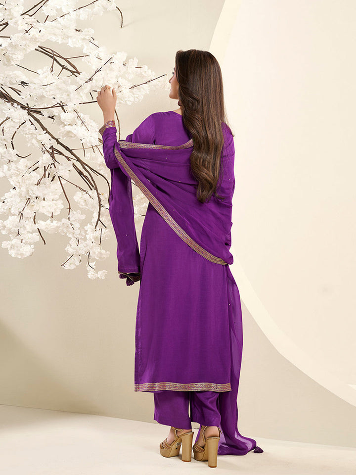 Midnight Purple Muslin Jacquard Kurta Suit Set with Multi Contrast Thread Weave and Paisley Pattern Daman by Qivii