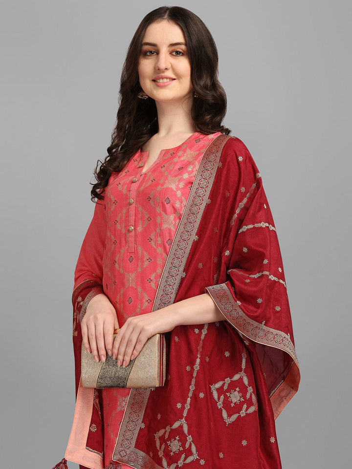 Pink Meena Jacquard Kurta Suit Set by Qivii