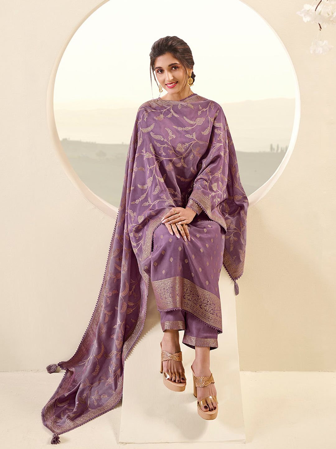 Wisteris Purple Muslin Jacquard Kurta Suit Set with Champagne Thread Weave and Pencil Sketch Weave Yoke by Qivii