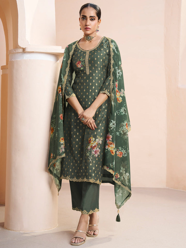 Women's Cotton Kurta Set - Dark Olive Green Applique Jacquard Kurta with Floral Print Dupatta by Qivii