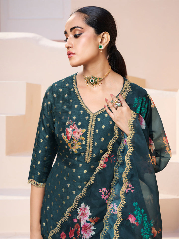 Dark Teal Green Applique Jacquard Kurta with Floral Print Dupatta by Qivii