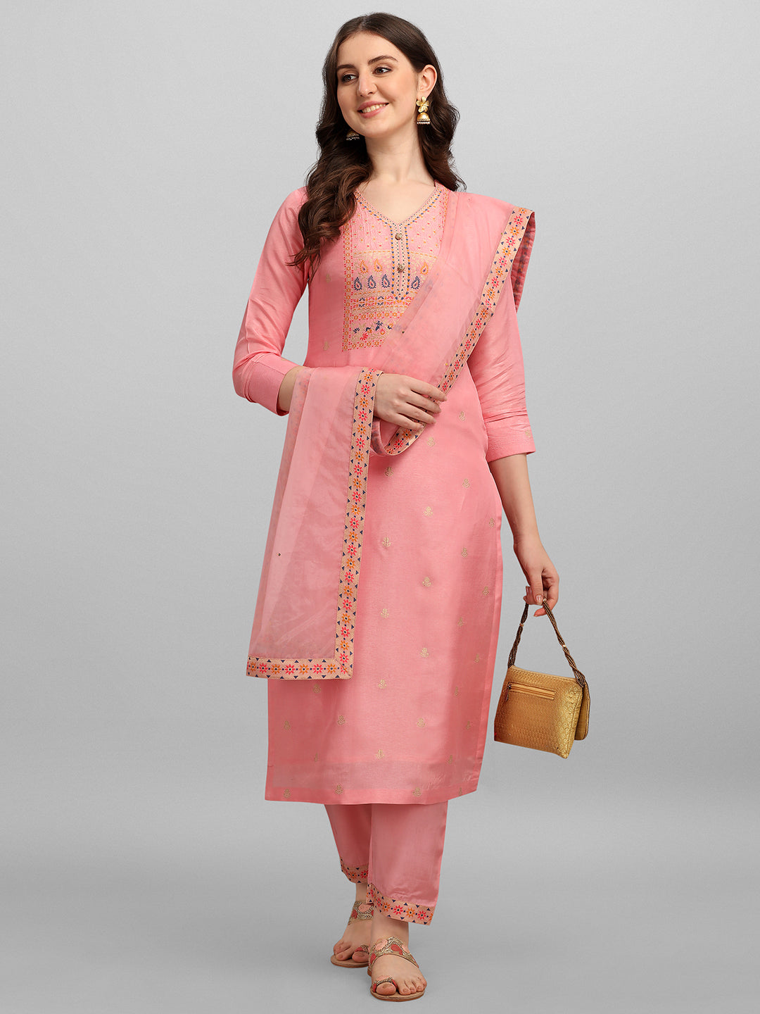 Peachish Pink Meena Jacquard Kurta Suit Set by Qivii