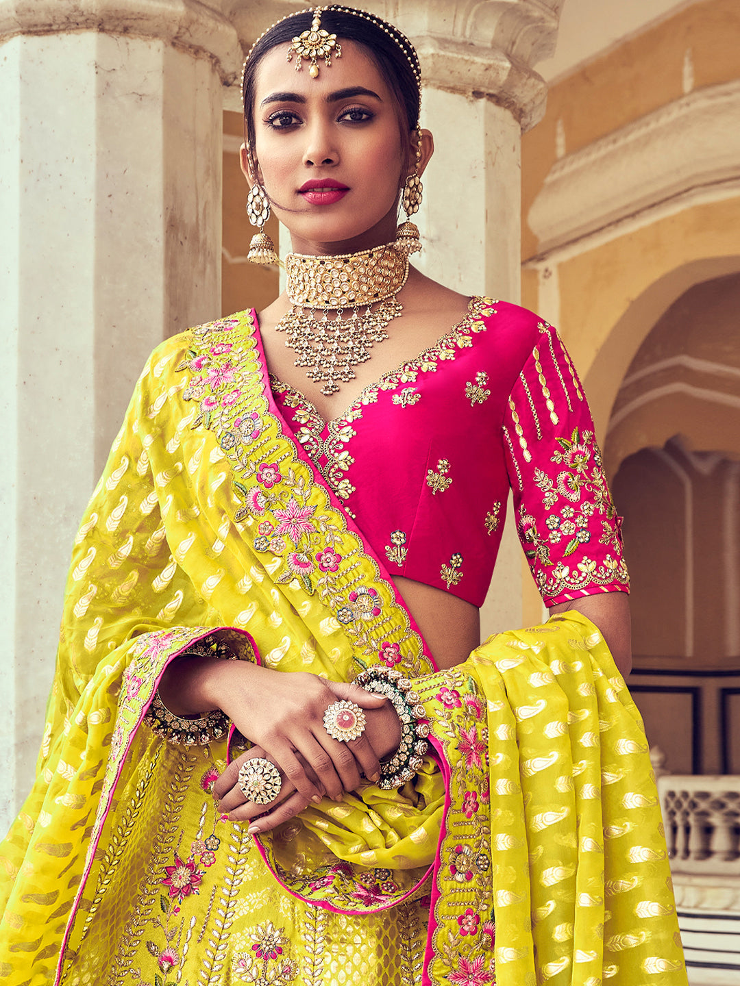 Yellow Heavy Gota Pati Patch Hand Work Banarasi Silk Semi Stitched Lehenga Choli