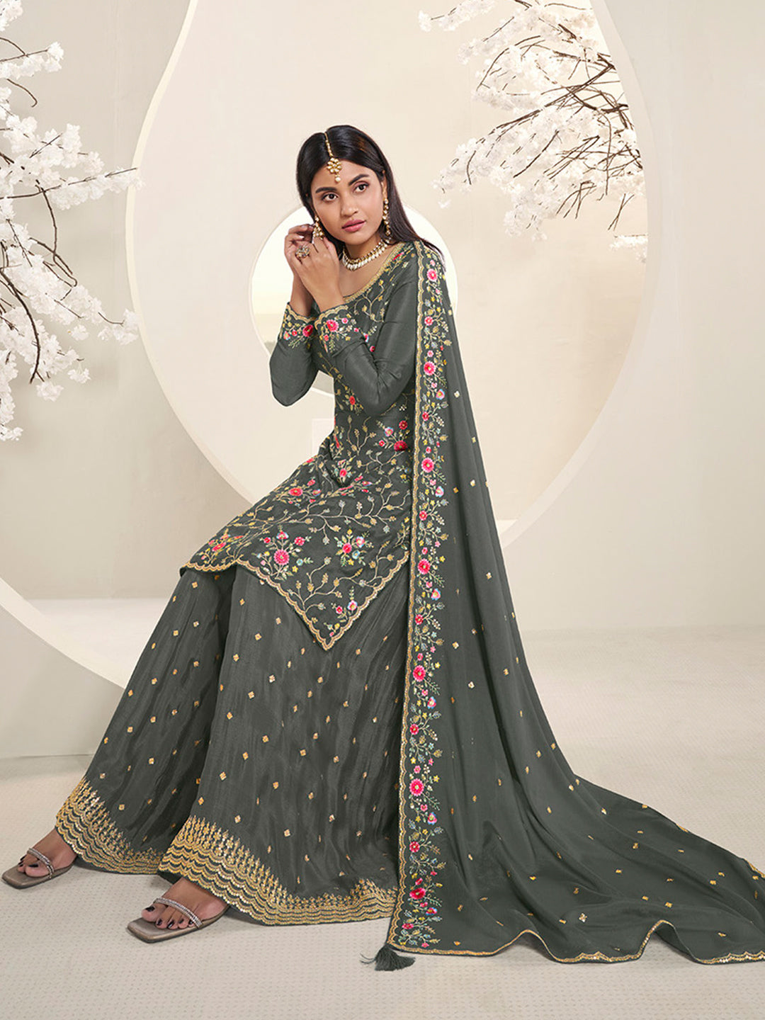 Grey Multi Colour Floral Thread & Embroidered Sharara Suit Set