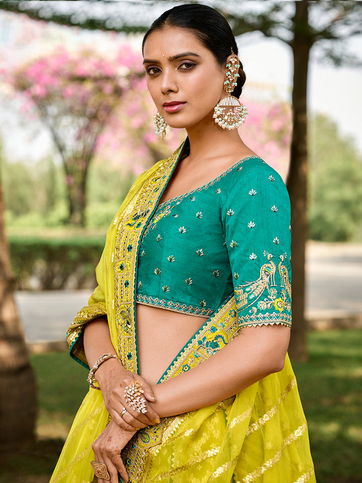 Yellow Organza Silk Embroidered Cut Work Semi Stitched Lehenga Choli