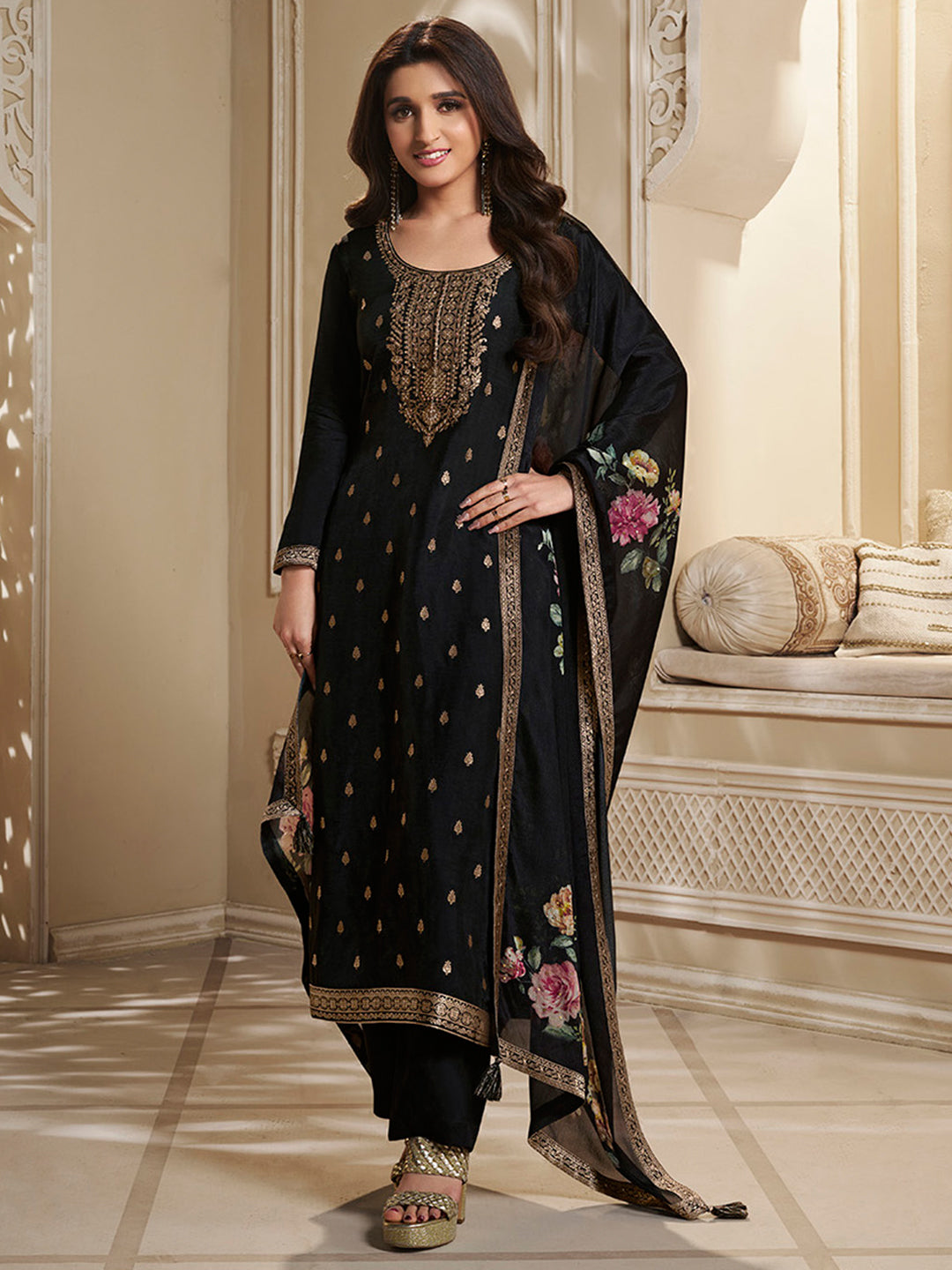 Dola Silk Jacquard Black Kurta With designer Yoke and handwork  with trousers and Dupatta