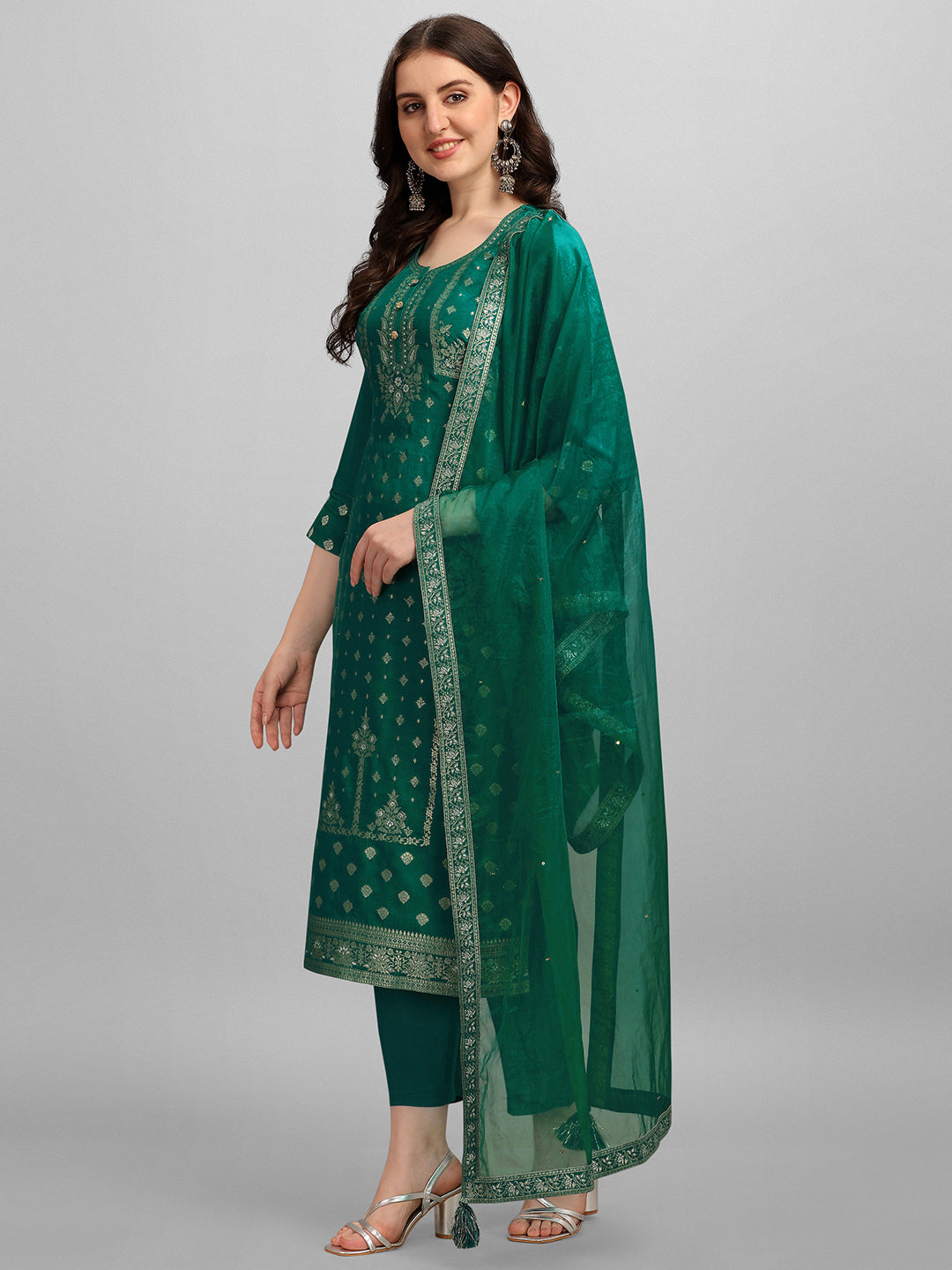 Green Panel Jacquard Kurta Suit Set by Qivii