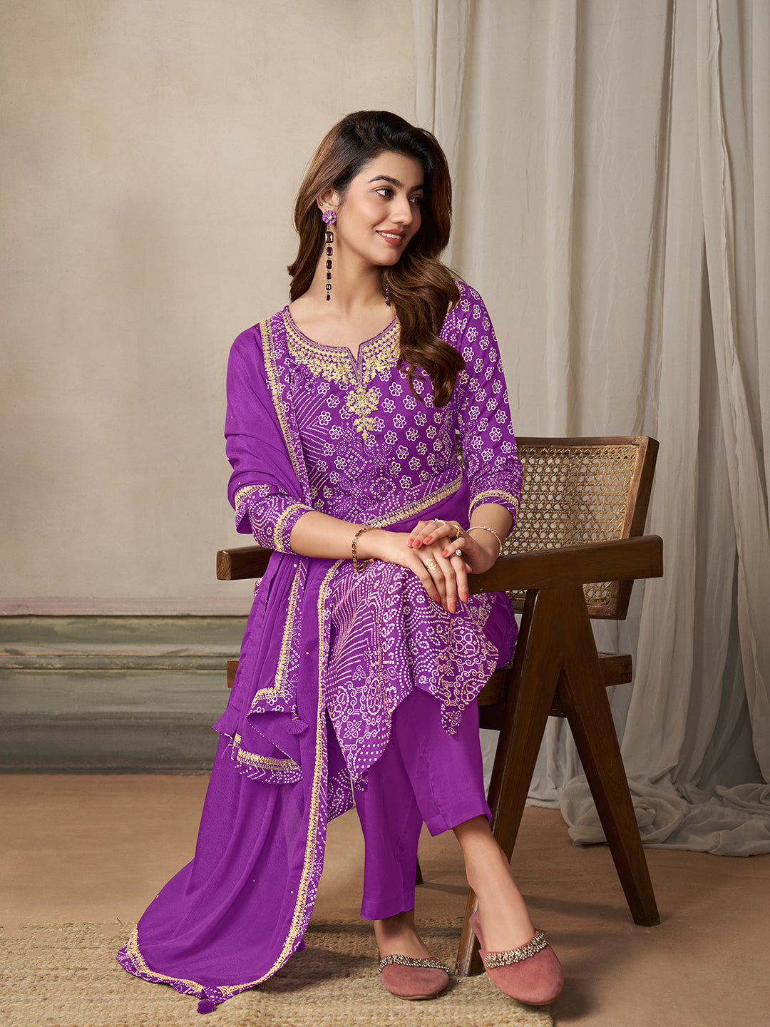 Purple Dola Bandhni Printed with Embroidery Kurta Suit Set