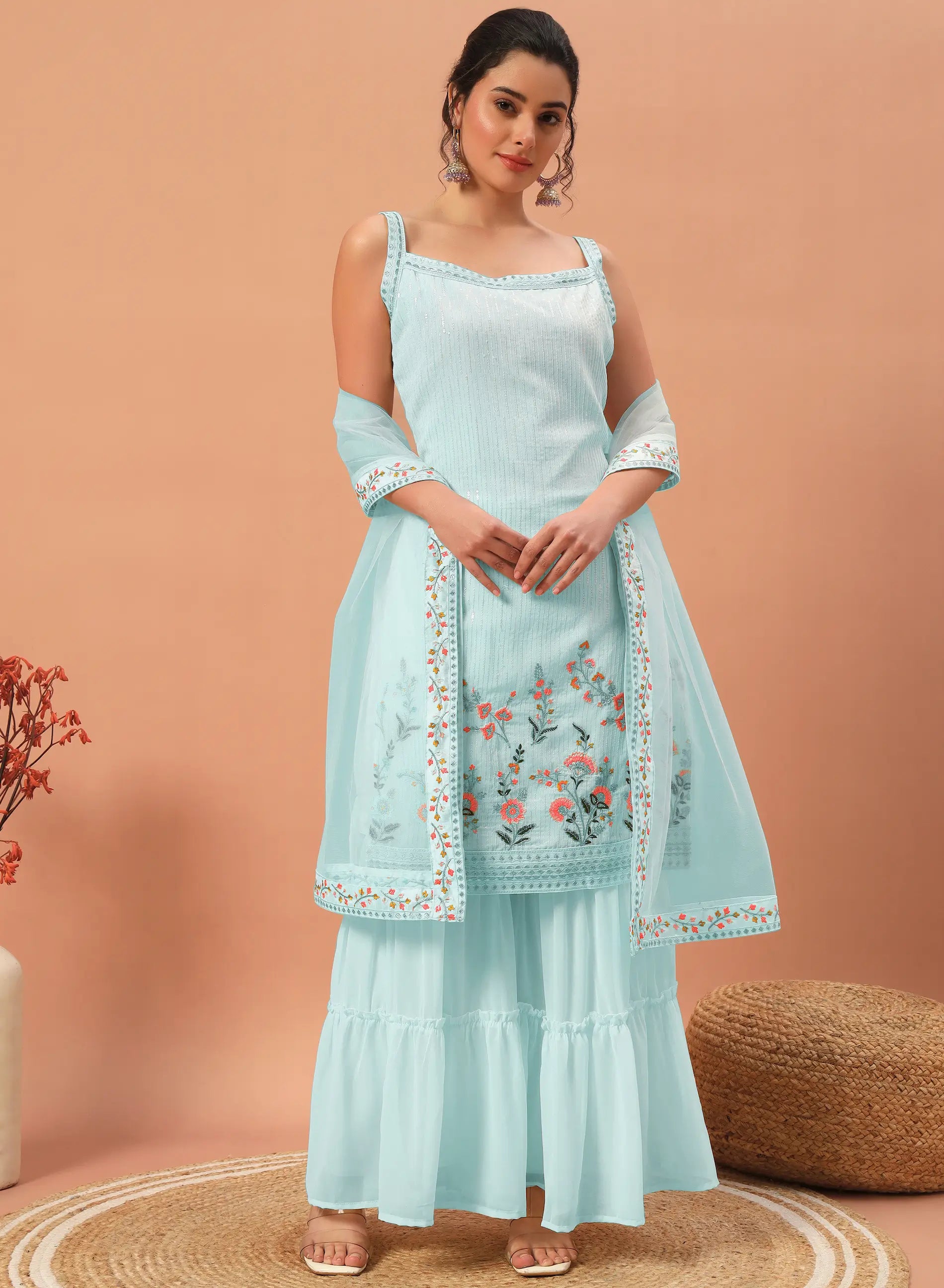 Sky Blue Georgette Sequence Embroidery Work Salwar Suit - qivii