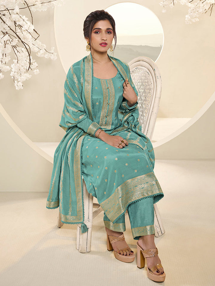 Sea Green Muslin Jacquard Kurta Suit Set with Champagne Thread Weave and Pencil Sketch Weave Yoke by Qivii