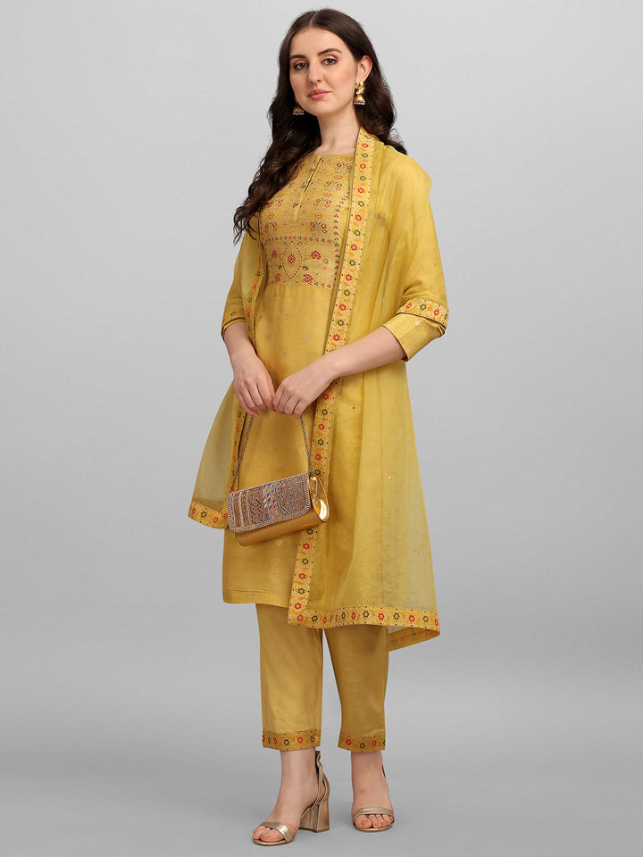 Yellow Meena Jacquard Kurta Suit Set by Qivii