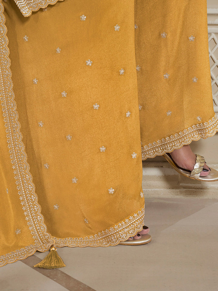 Yellow Floral Pattern, Thread and Sequins Embroidered Sharara Suit Set by Qivii