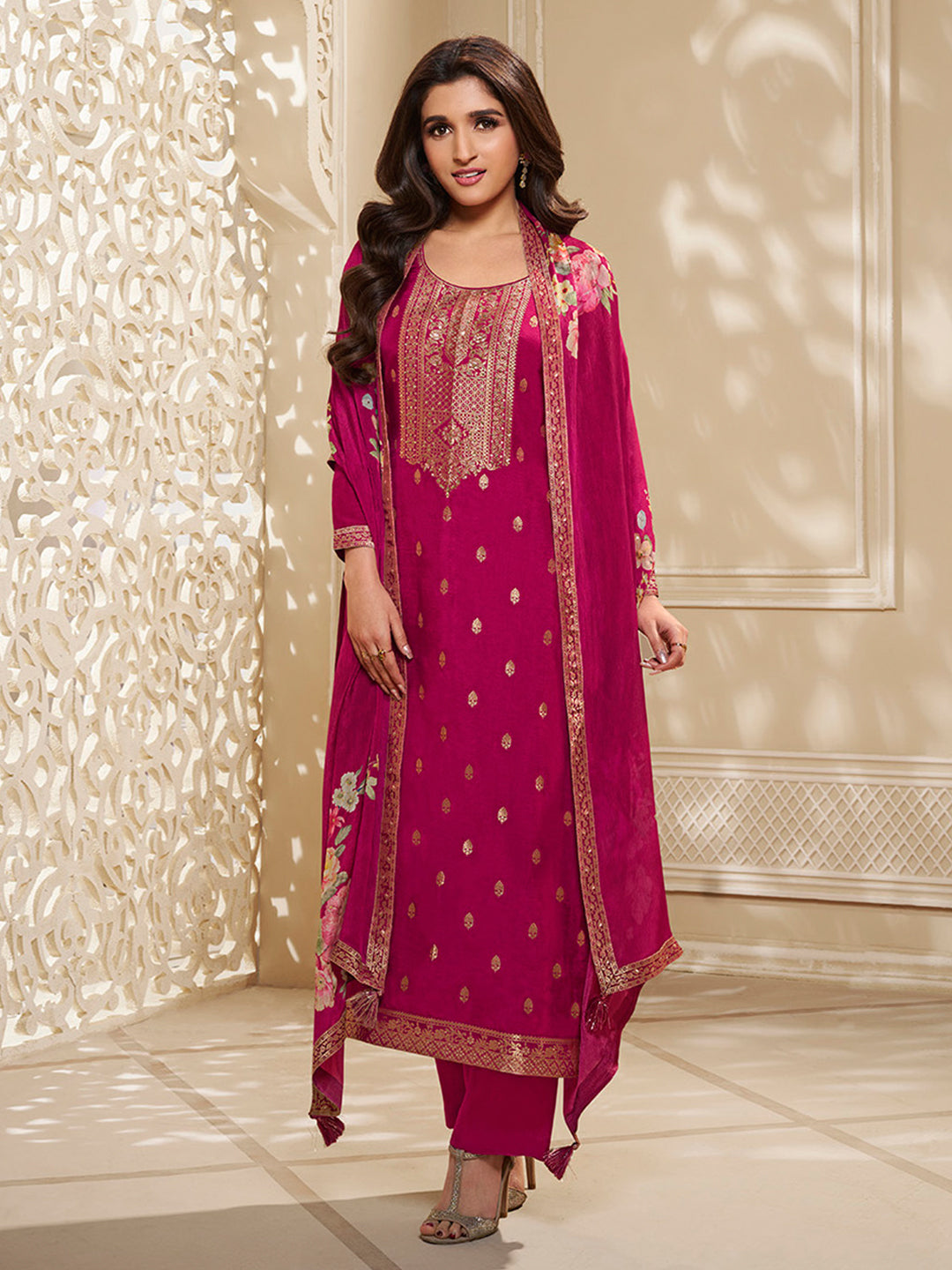 Dola Silk Jacquard Kurta With designer Yoke and handwork  with trousers and Dupatta