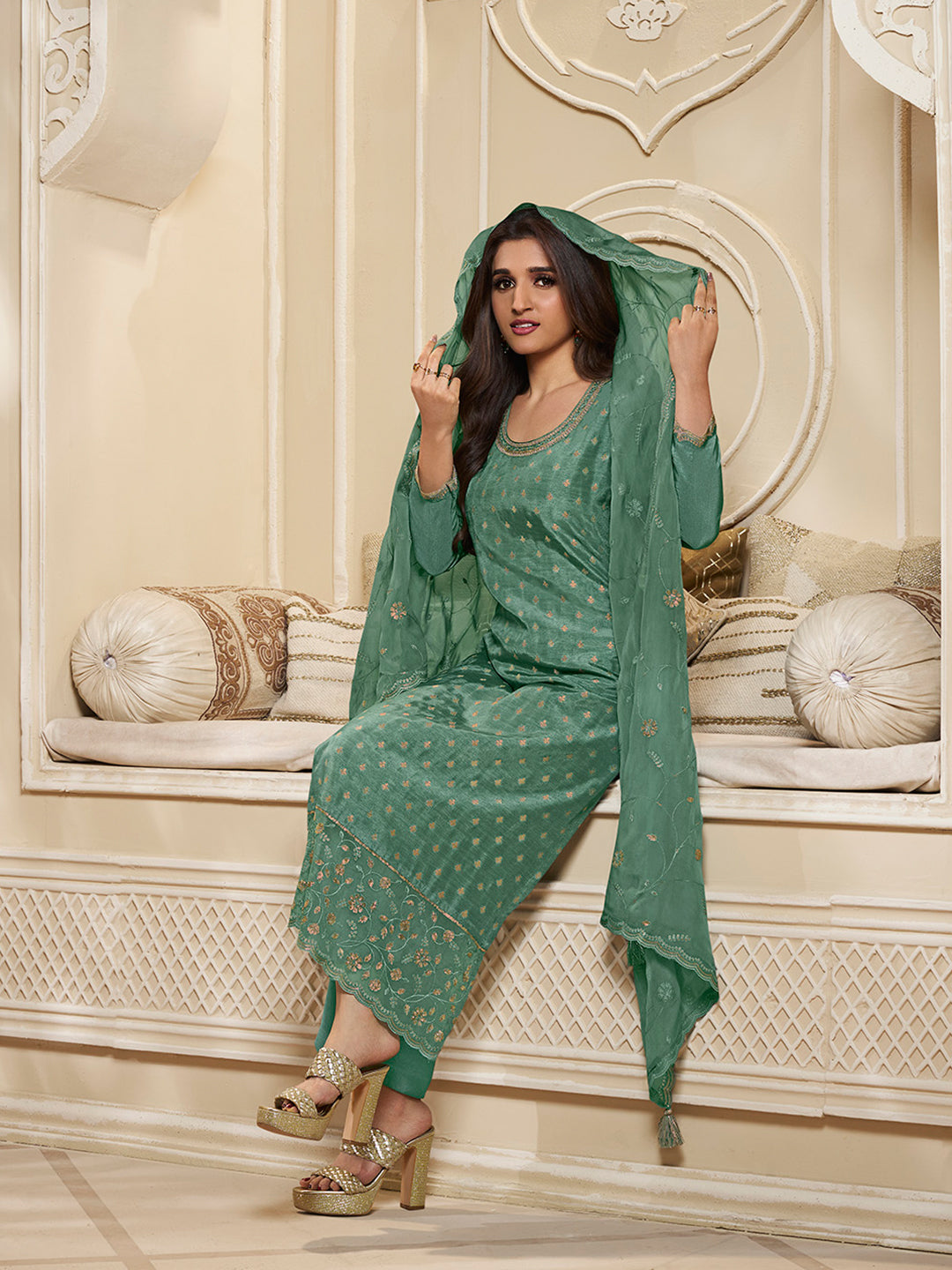 Green Dola Jacquard Kurta Suit Set with Embroidered with Thread and Sequins Work by Qivii