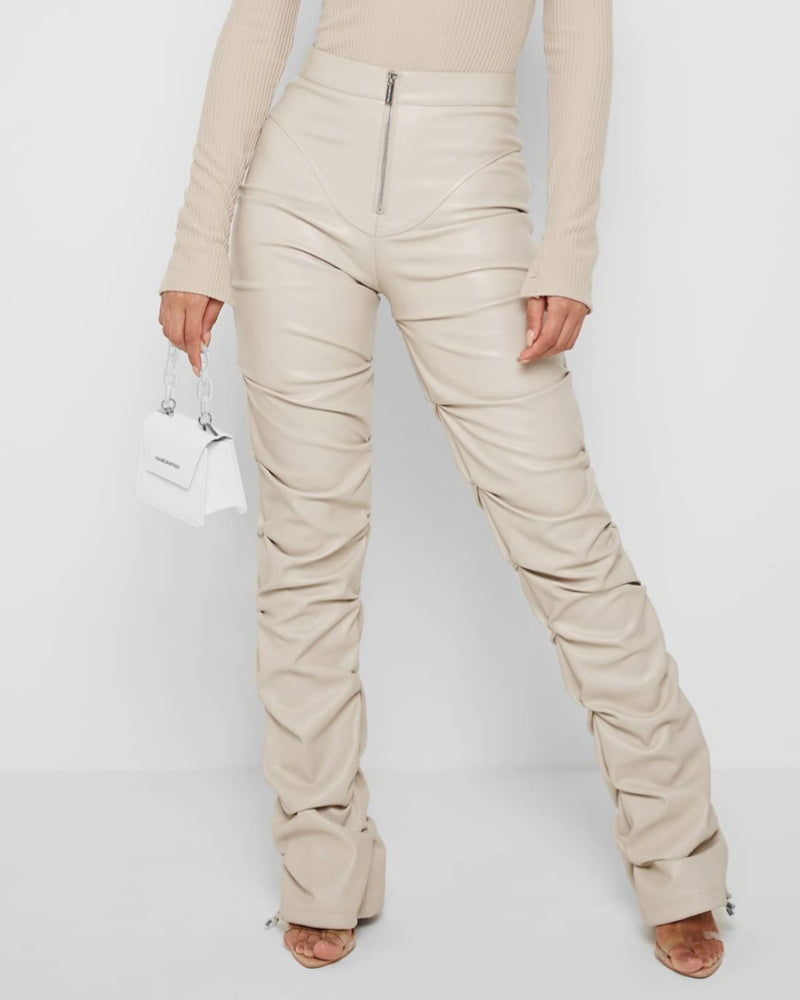 PU Leather Personalized Pleated Flared Pants  - By Qivii