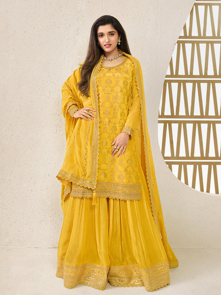 Yellow Jacquard with Embroidery Sharara Suit Set by Qivii