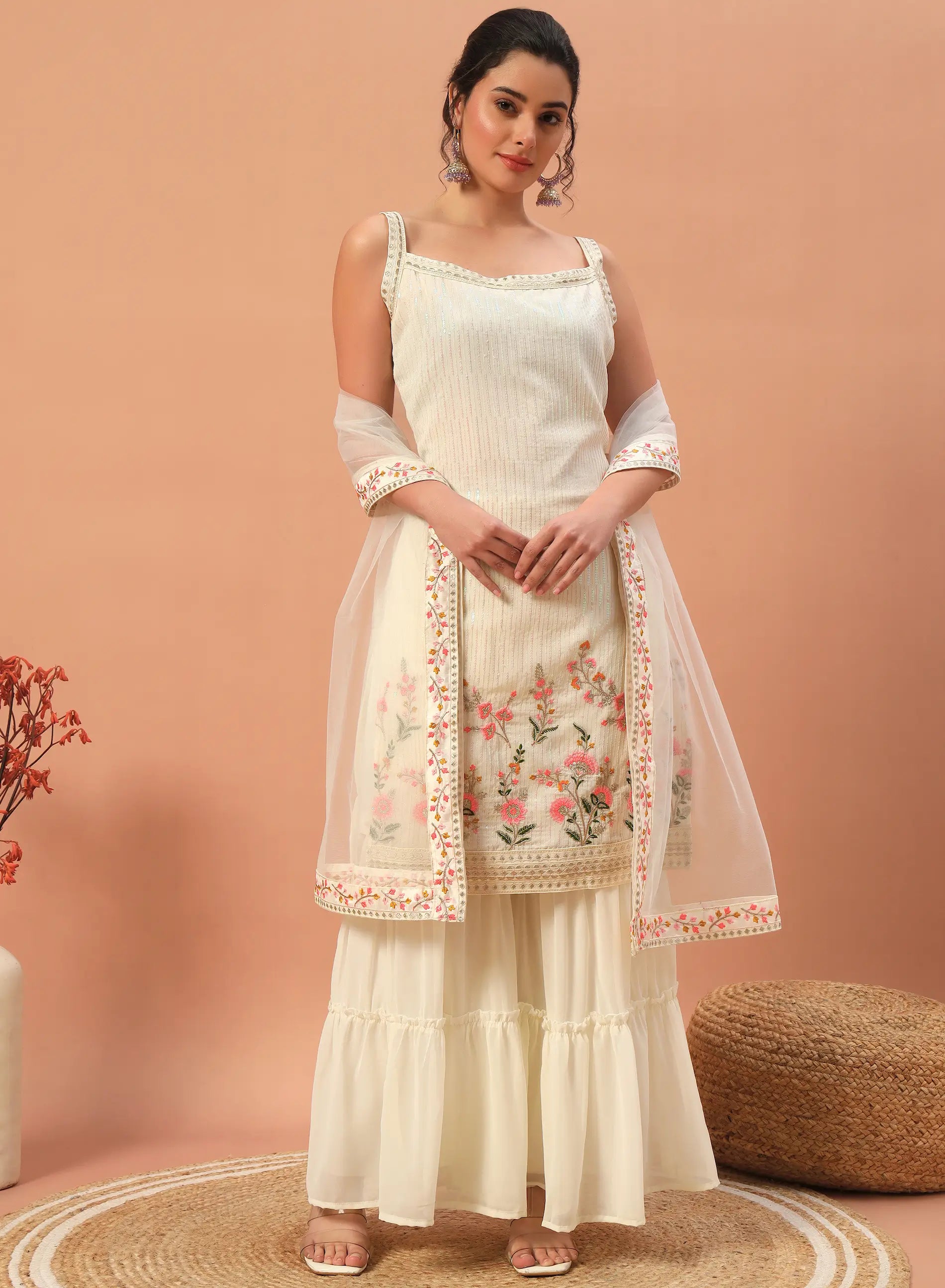 Beige Georgette Sequence Embroidery Work Salwar Suit