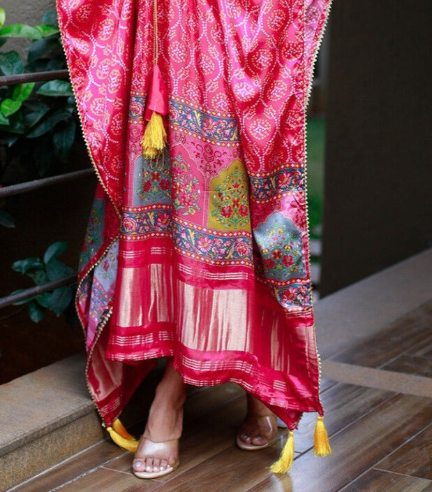 Pink Pure Gaji Silk Digital Print with Gotta Patti Lace Border also comes with tassels Kaftan Dress