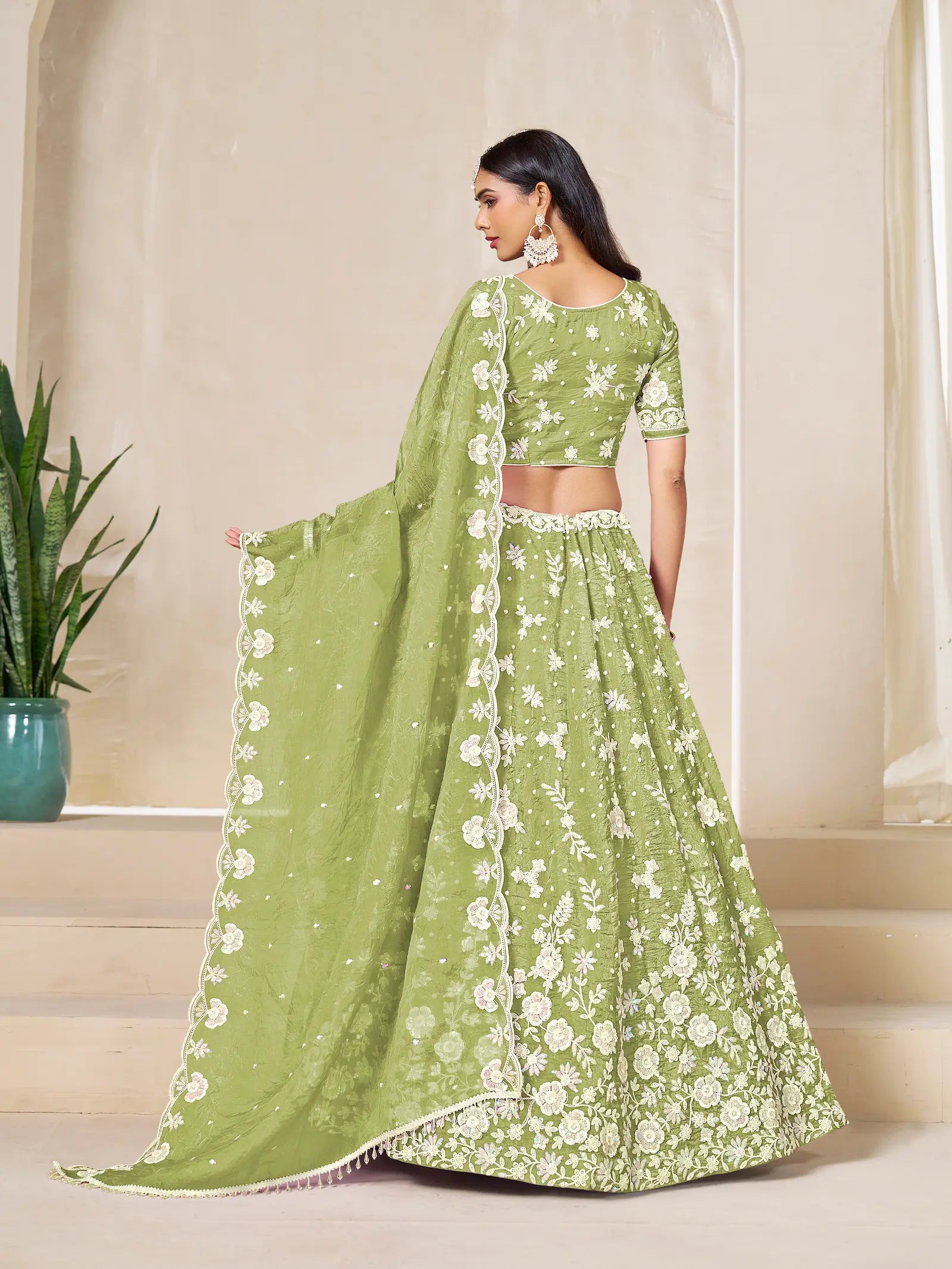 Tan Green Gold Crush Embroidery Lehenga Choli - qivii