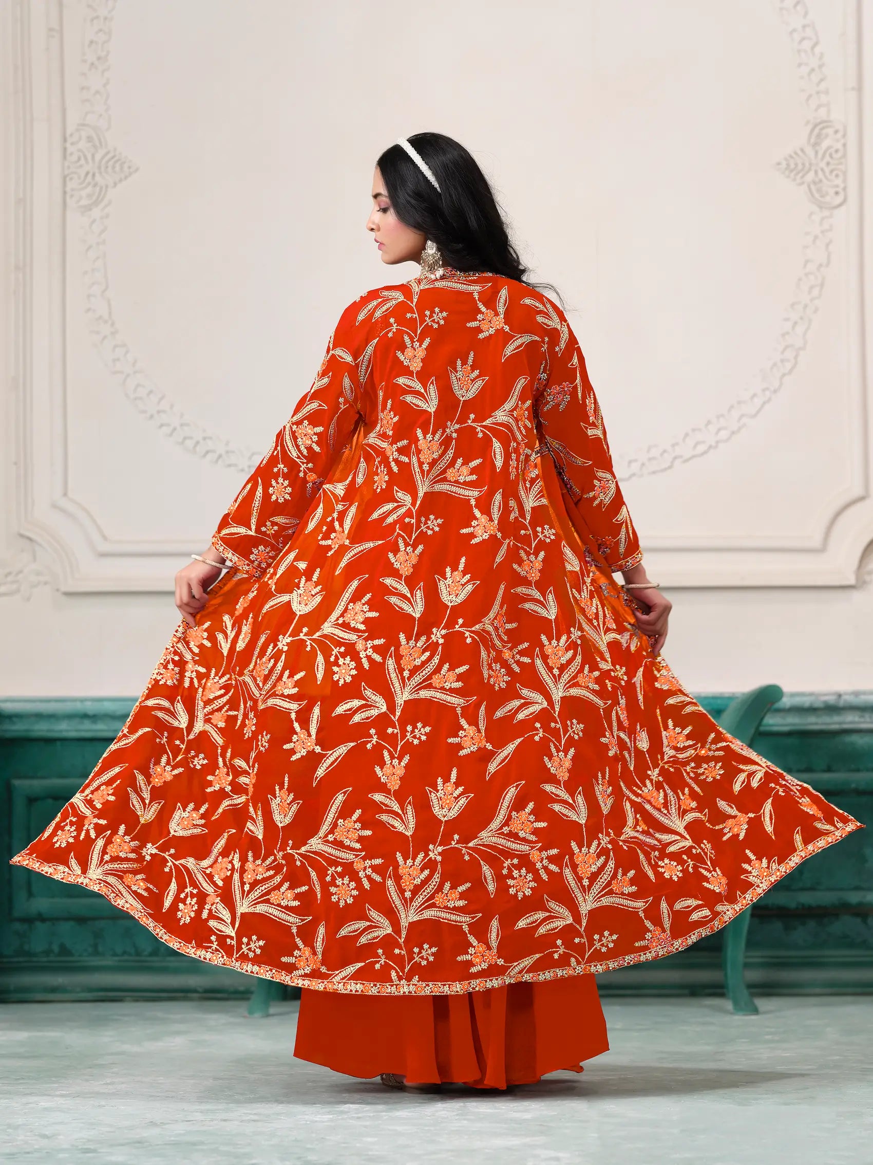 Orange Georgette Indo Western Set With Thread & Sequins Embroidery Work - qivii