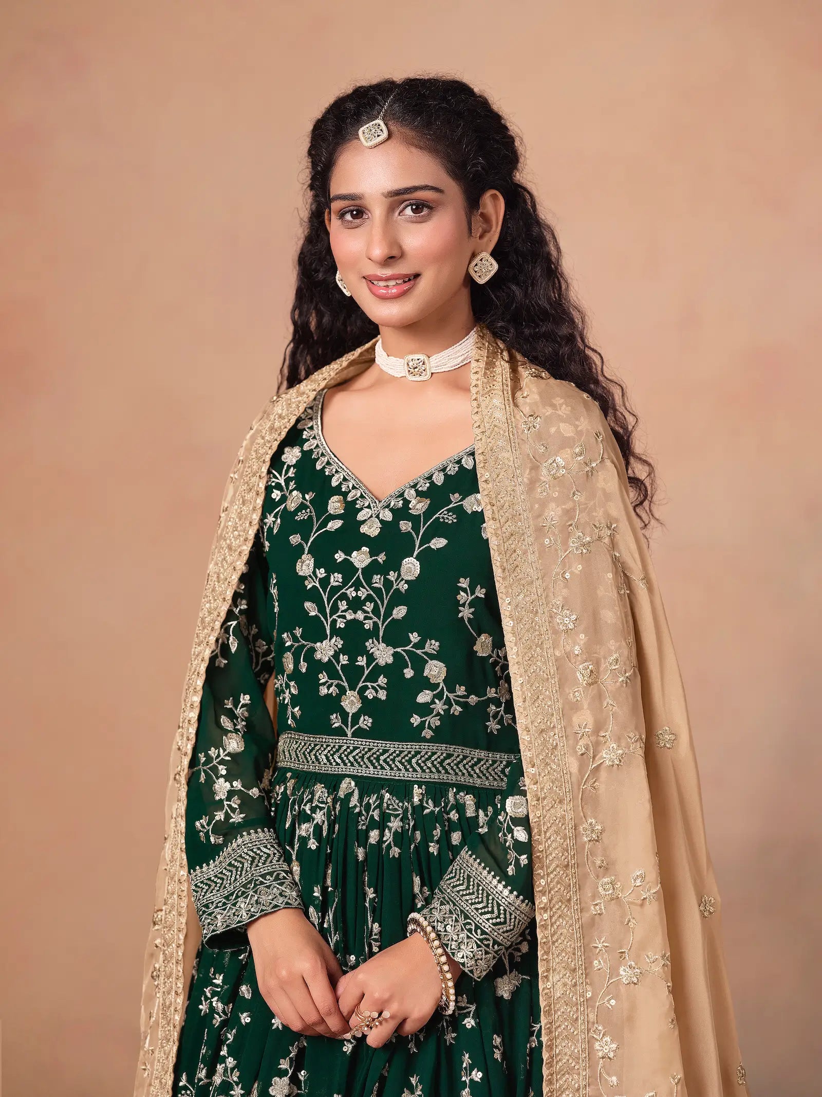 Green Georgette Embroidery Gown With Organza Dupatta - qivii