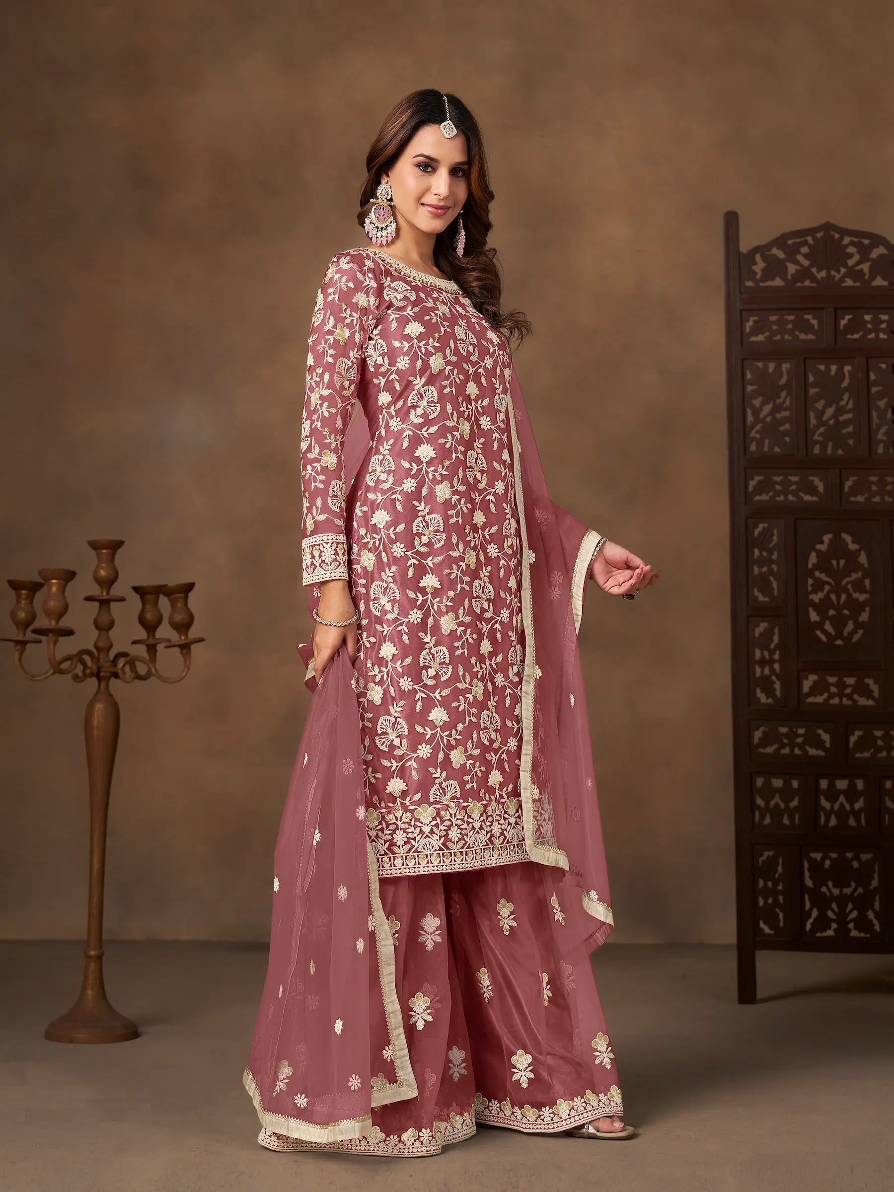 Brownish Pink Net Embroidery Palazzo Suit