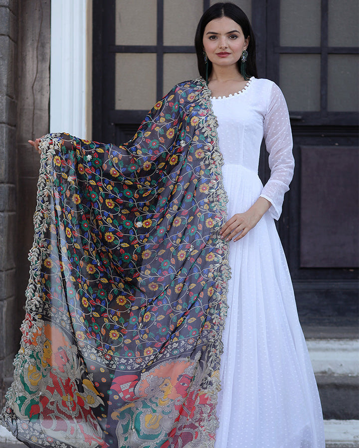 White Color Georgette Designer Gown With Dupatta  - By Qivii