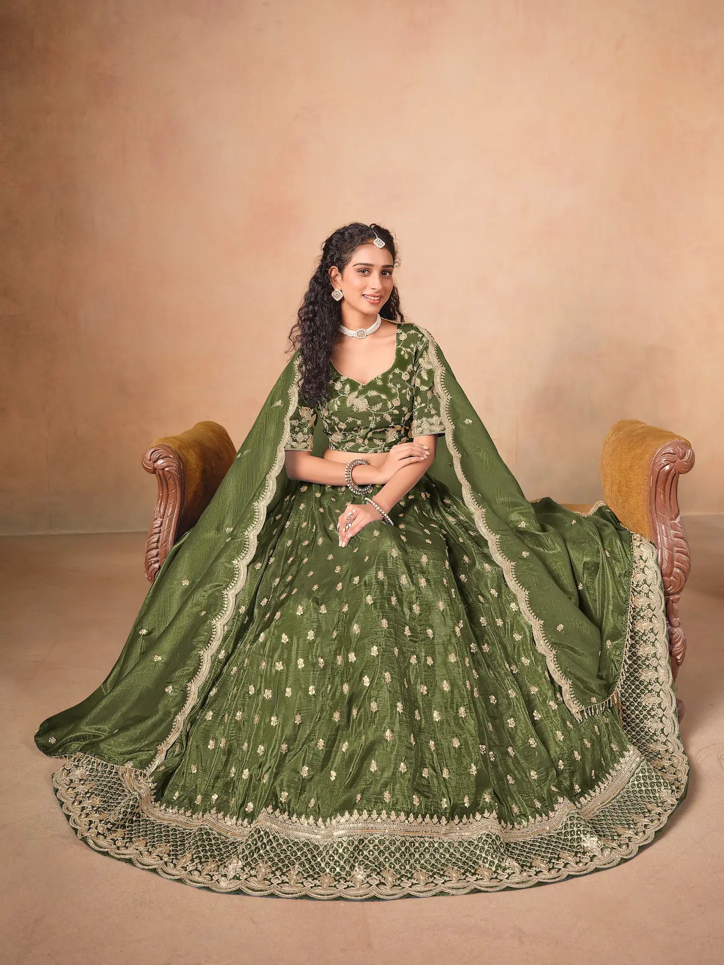 Army Green Organza Embroidery Work Lehenga Choli - qivii