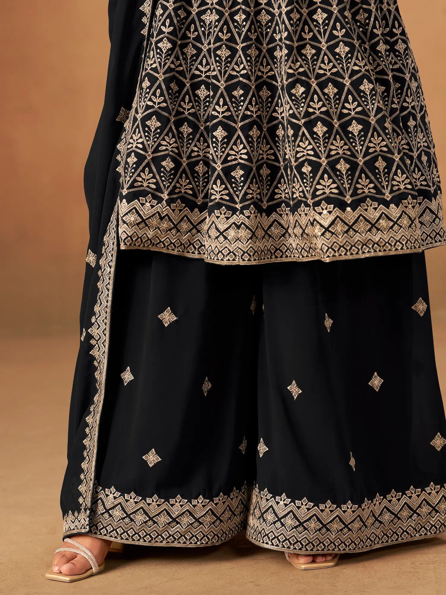 Black Georgette Embroidery Work Palazzo Set - qivii