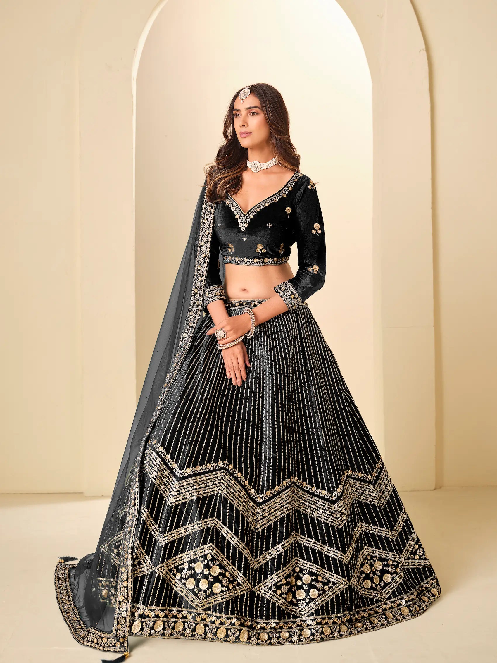 Hot Black Velvet Lehenga Choli With Embroidery